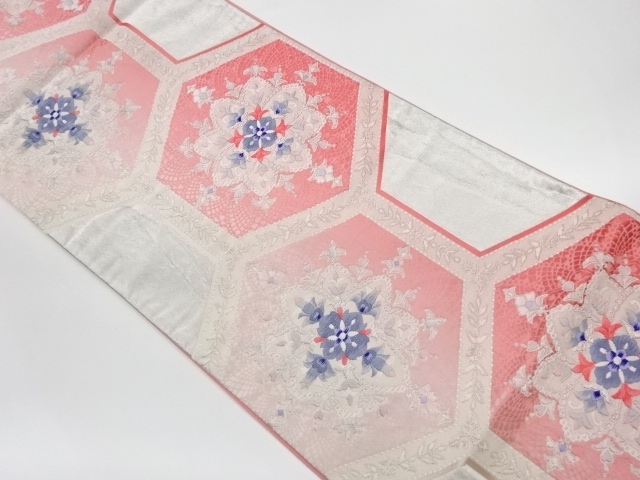 リサイクル　亀甲に華紋模様織出し袋帯